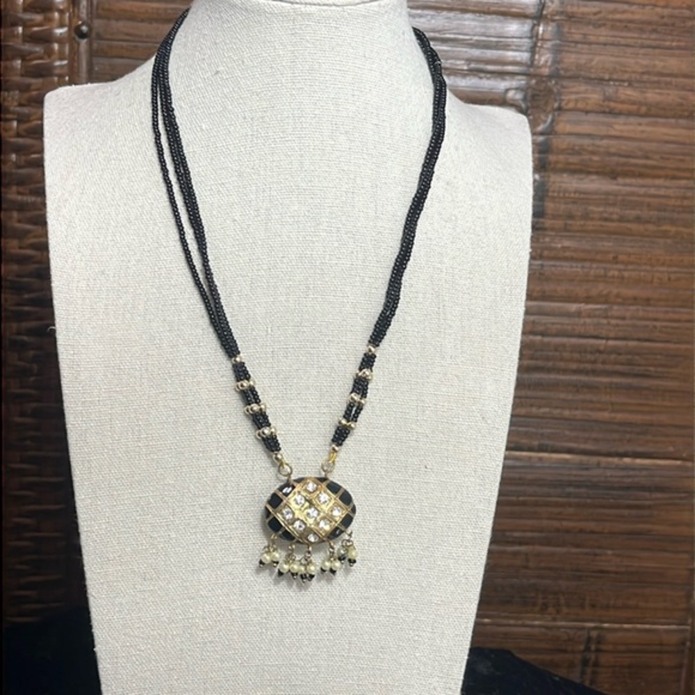 Artisan Made Gold Tone and Black Enamel Necklace, Kundan Style